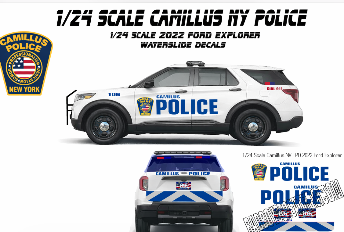 1/24 Scale Camillus NY Police 2022 Ford Explorer Waterslide Decals – Laser Printed – 4 Sets Included