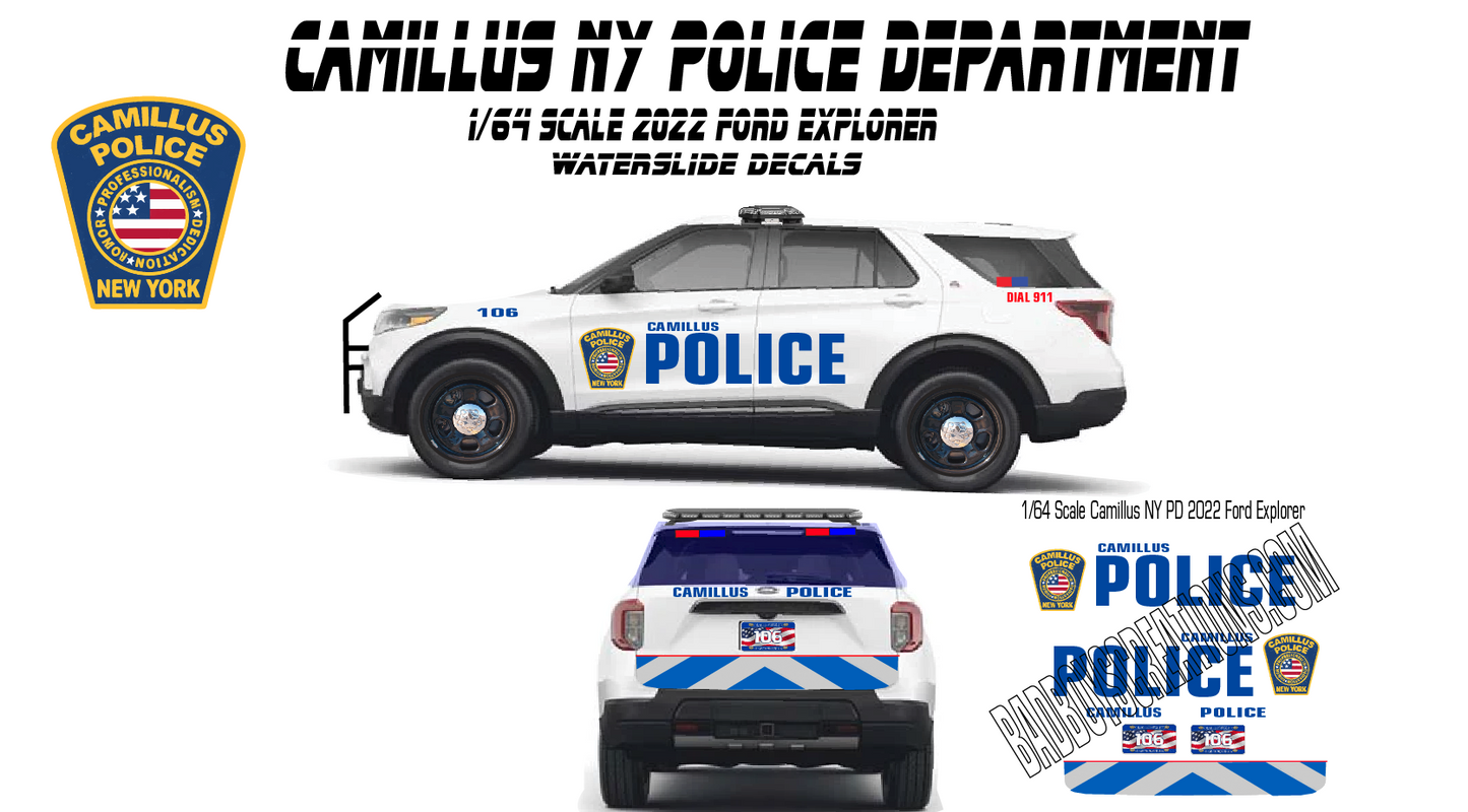 1/64 Camillus NY Police 2022 Ford Explorer Waterslide Decals – 8-10 Sets – Custom Diecast Graphics – Finest Diecast