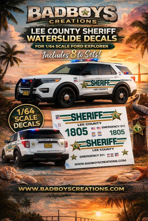 1/64 Lee County Sheriff 2022 Ford Explorer Waterslide Decals – Approx 8–10 Sets – Laser Printed – Custom Diecast Graphics
