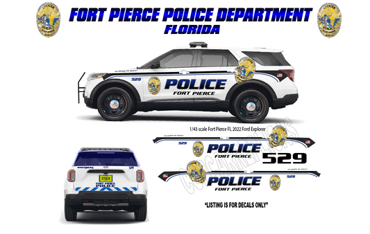 1/43 Fort Pierce Florida Police Decals – 2022 Ford Explorer Waterslide Decals – 1:43 Scale Police Graphics – Approx 6 Sets – Laser Printed