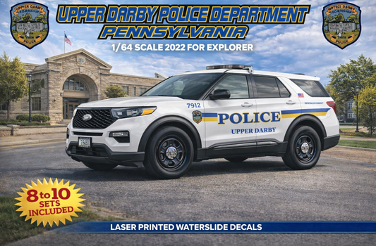 1/64 2022 Ford Explorer Upper Darby Pennsylvania Police Waterslide Decals – Approx 8–10 Sets – Laser Printed – Custom Diecast Graphics