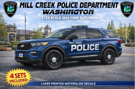 1/24 2022 Ford Explorer Mill Creek Washington Police Waterslide Decals – Custom Diecast Graphics – Approx 4 Sets – Laser Printed