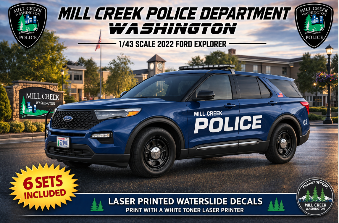 1/43 2022 Ford Explorer Mill Creek Washington Police Waterslide Decals – Approx 6 Sets – Laser Printed – Highly Detailed