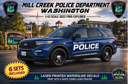 1/64 Scale 2022 Ford Explorer Mill Creek Washington Police Waterslide Decals – Custom Diecast Graphics – Laser Printed – 8 to 10 Sets Included