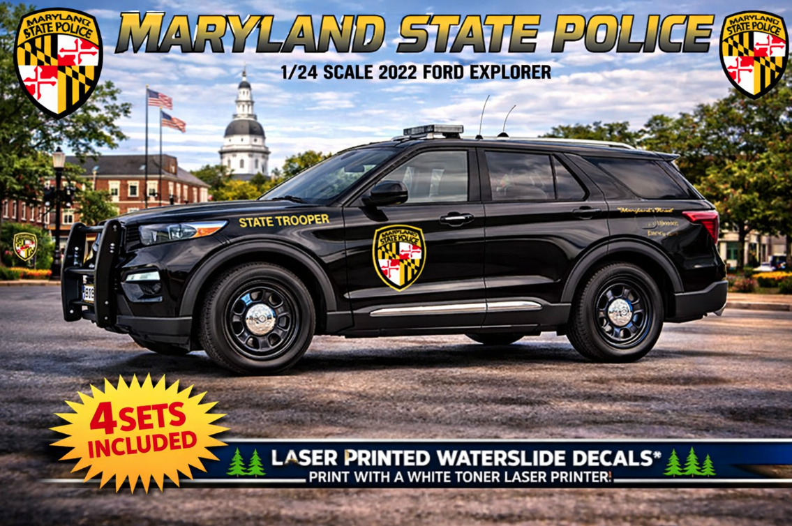 1/24 Maryland State Police 2022 Ford Explorer Waterslide Decals – Laser Printed – 4 Sets Included – Custom Diecast Graphics