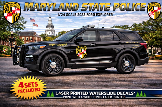 1/24 Maryland State Police 2022 Ford Explorer Waterslide Decals – Laser Printed – 4 Sets Included – Custom Diecast Graphics