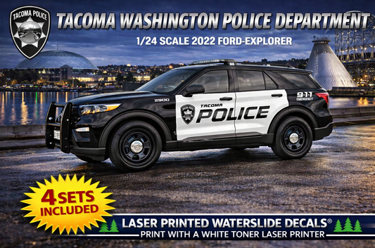 1/24 2022 Ford Explorer Tacoma Washington Police Waterslide Decals – Highly Detailed – Laser Printed – Approx 4 Sets Included