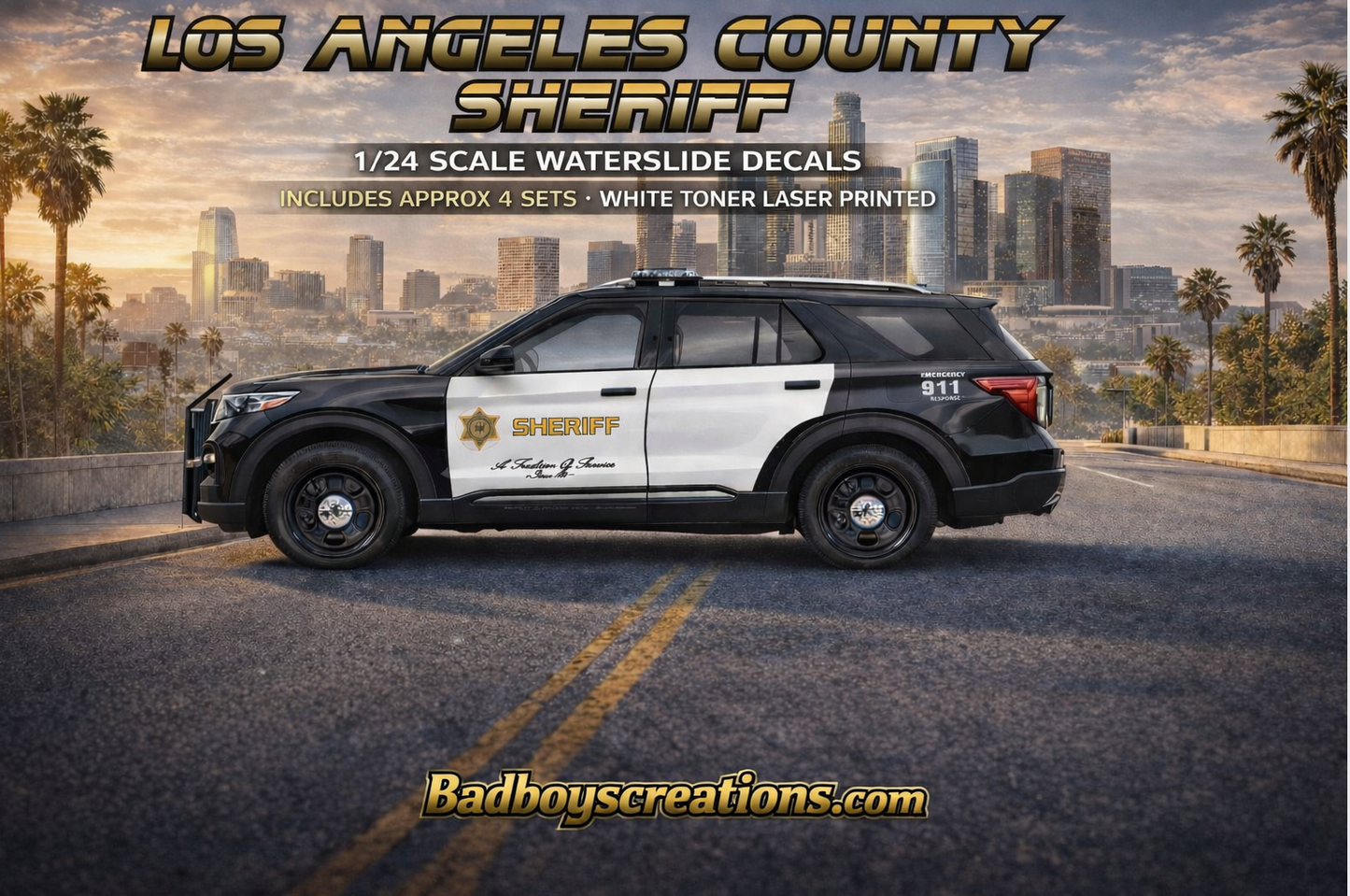 1/24 2022 Ford Explorer Los Angeles County Sheriff Waterslide Decals – L.A. County Sheriff – Custom Diecast Graphics – 4 Sets Included