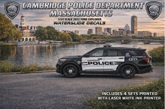 1/24 Scale 2022 Ford Explorer Cambridge Massachusetts Police Waterslide Decals – Custom Diecast Graphics – Approx 4 Sets – Laser Printed