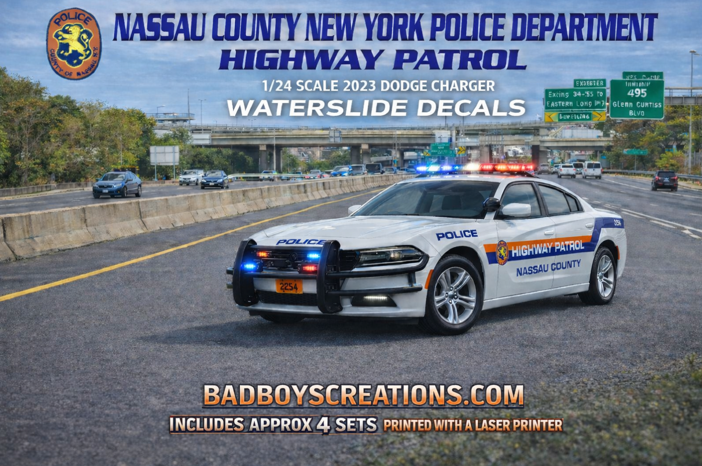 1/24 2023 Dodge Charger Nassau County NY Highway Patrol Police Waterslide Decals – Custom Diecast Graphics – Approx 4 Sets – Laser Printed