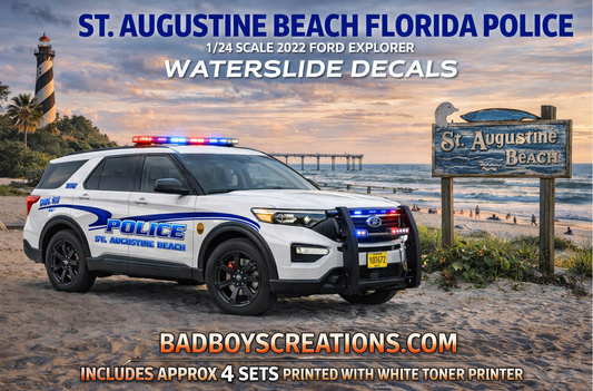1/24 Scale 2022 Ford Explorer St. Augustine Beach Florida Police Waterslide Decals – 4 Sets Included – Laser Printed