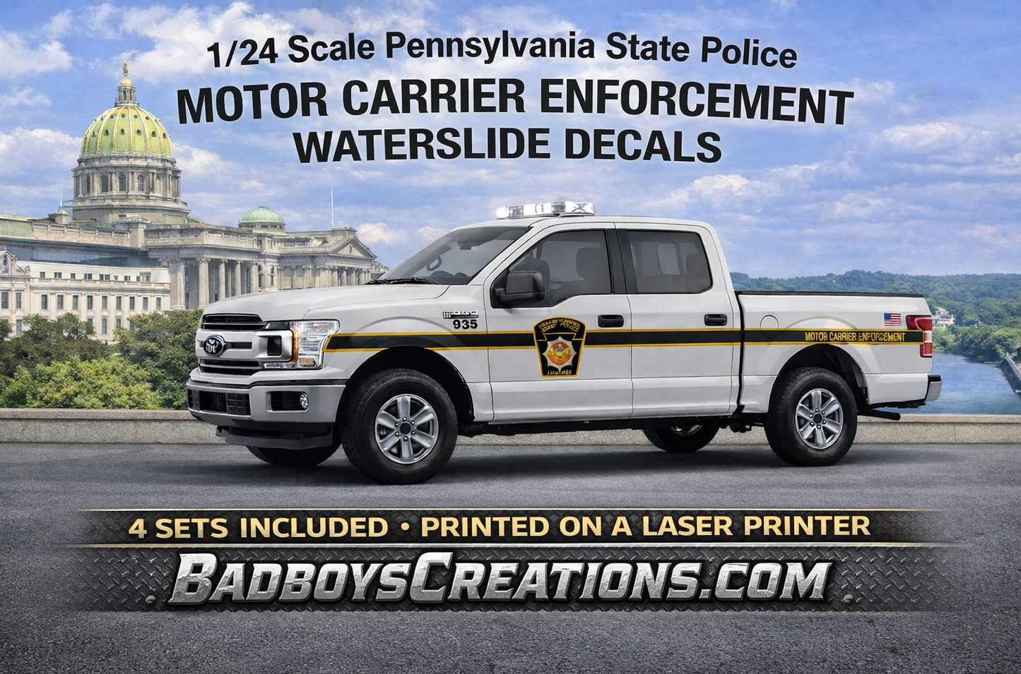 1/24 Ford F-150 Pennsylvania State Police Motor Carrier Waterslide Decals – Custom PSP Truck Graphics – Approx 4 Sets Included – Laser Printed