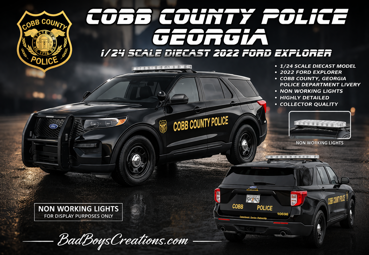 1/24 Scale 2022 Ford Explorer Cobb County Georgia Police Car – Custom Made Diecast Model Replica – Non Working Lights – Highly Detailed