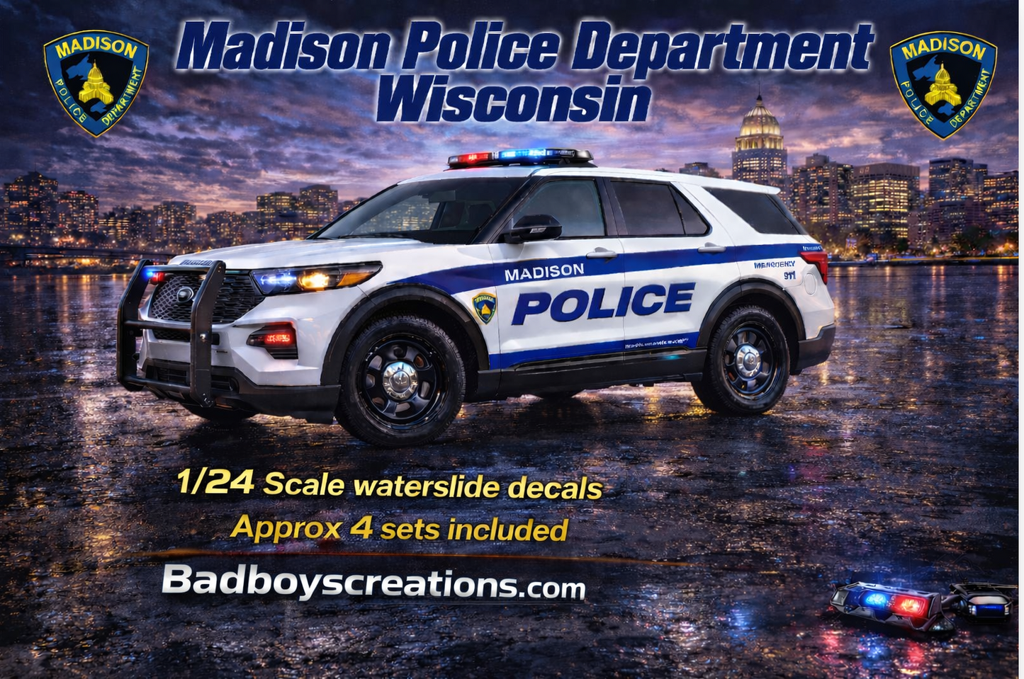 1/24 Scale 2022 Ford Explorer Madison Wisconsin Police Waterslide Decals – Custom Made – Laser Printed – Approx 4 Sets Included