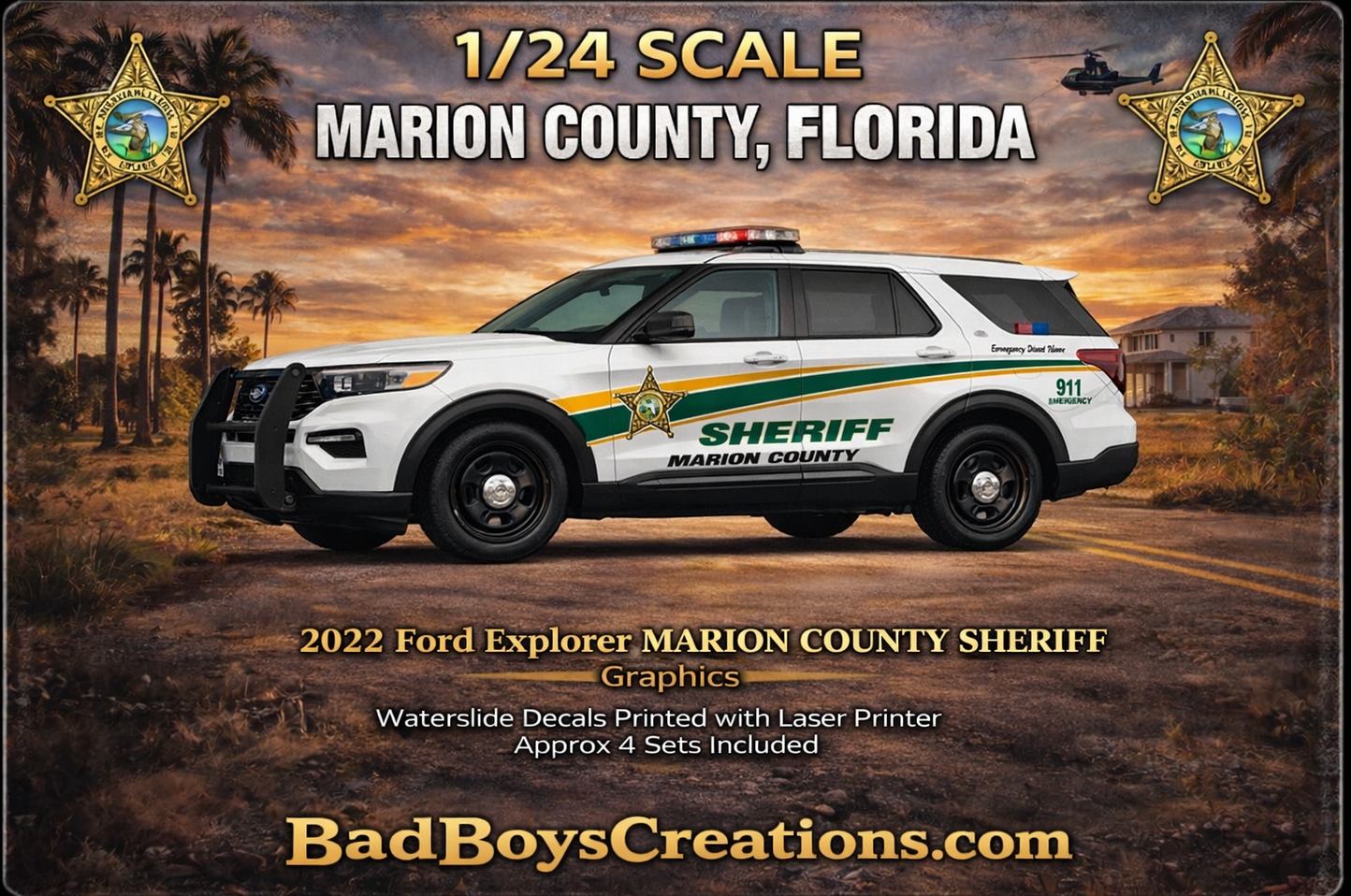 1/24 Scale 2022 Ford Explorer Marion County Sheriff Florida Waterslide Decals – Highly Detailed – Laser Printed – Includes Approx 4 Sets