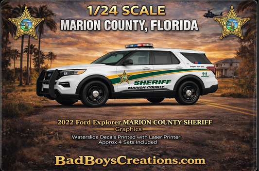 1/24 Scale 2022 Ford Explorer Marion County Sheriff Florida Waterslide Decals – Highly Detailed – Laser Printed – Includes Approx 4 Sets