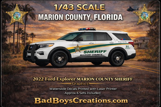 1/43 Scale 2022 Ford Explorer Marion County Sheriff Florida Waterslide Decals – Laser Printed – Approx 6 Sets Included – Highly Detailed Police Graphics