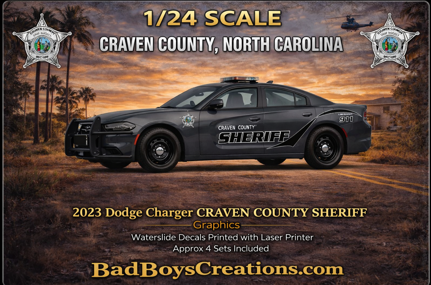 1/24 Scale 2023 Dodge Charger Craven County North Carolina Sheriff Police Waterslide Decals – Highly Detailed | Laser Printed | Includes Approx 4 Sets