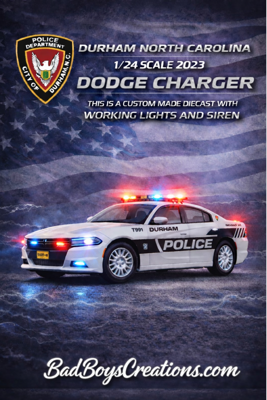 1/24 Scale 2023 Dodge Charger Durham North Carolina Police Diecast Model Car w/ Working Lights & Siren – Custom Made Replica