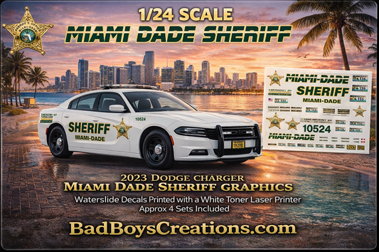 1/24 Scale 2023 Dodge Charger Miami-Dade Sheriff Waterslide Decals – Highly Detailed | Laser Printed | Includes Approx. 4 Sets
