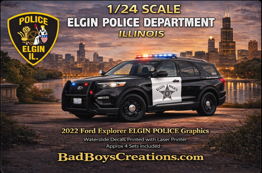 1/24 Scale 2022 Ford Explorer Elgin Illinois Police Waterslide Decals – White Toner Laser Printed – Approx. 4 Sets Included