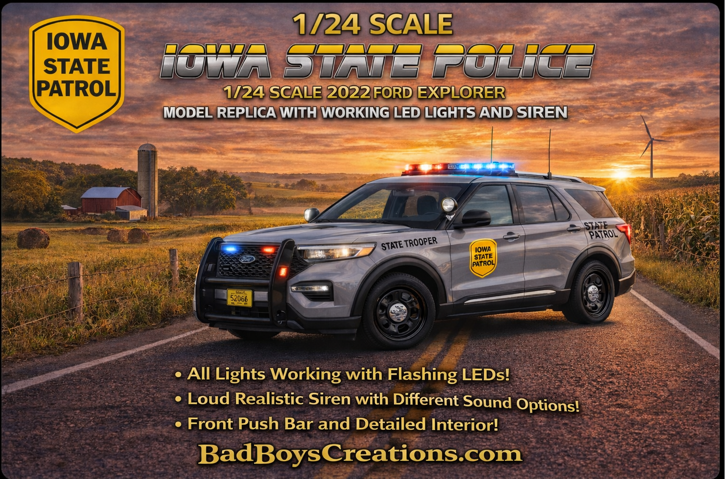 1/24 Scale 2022 Ford Explorer Iowa State Police Diecast Model Car – Custom Replica with Working LED Lights & Siren | Highly Detailed