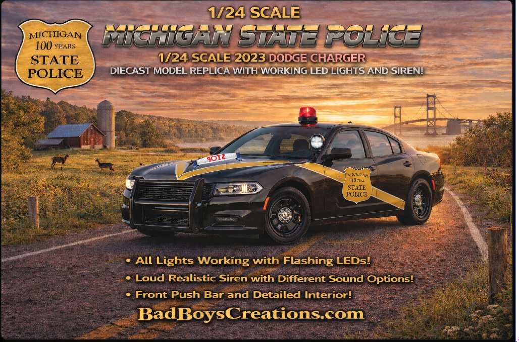 1/24 Scale 2023 Dodge Charger Michigan State Police 100th Anniversary Edition Diecast Model Replica – Working LED Lights & Siren – Custom Made