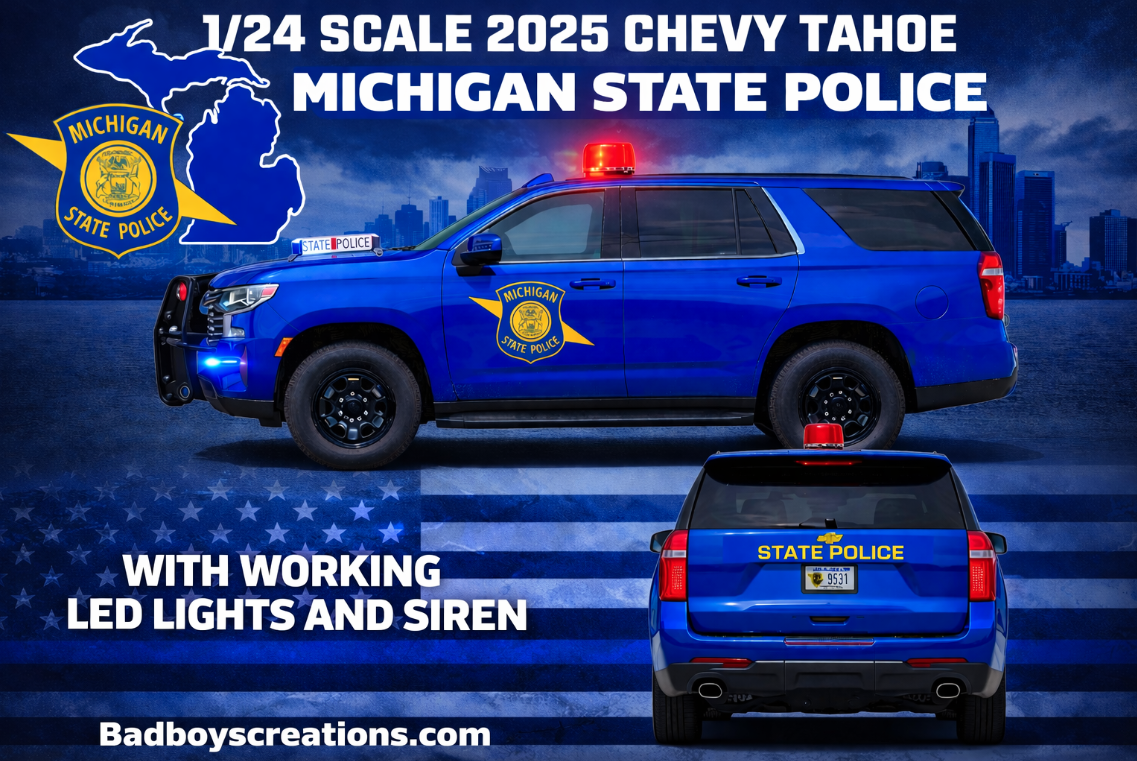 1/24 Scale 2025 Chevy Tahoe Michigan State Police Diecast Model Car Replica – Working LED Lights & Siren – Custom Made