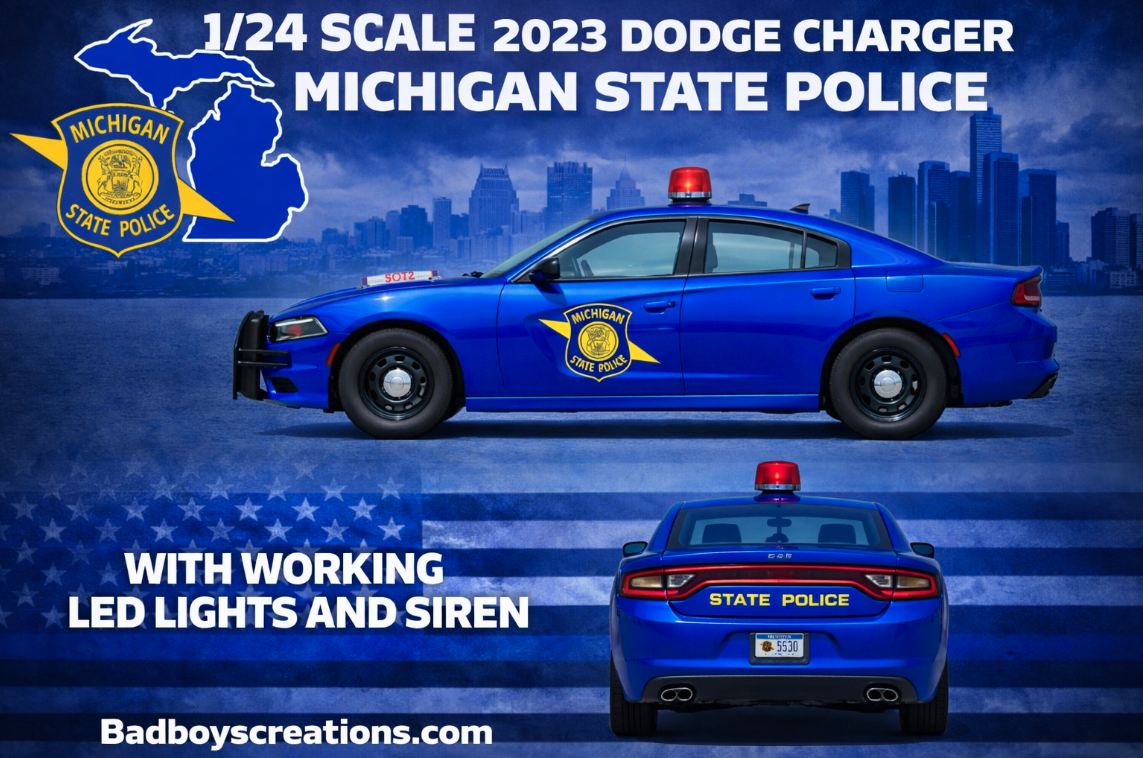 1/24 Scale 2023 Dodge Charger Michigan State Police Diecast Model Car – Custom Made Replica w/ Working LED Lights & Siren