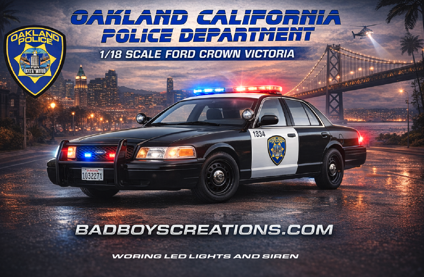 1/18 Scale Ford Crown Victoria Oakland California Police Diecast Model Car – Custom Made w/ Working LED Lights & Siren – Highly Detailed Replica