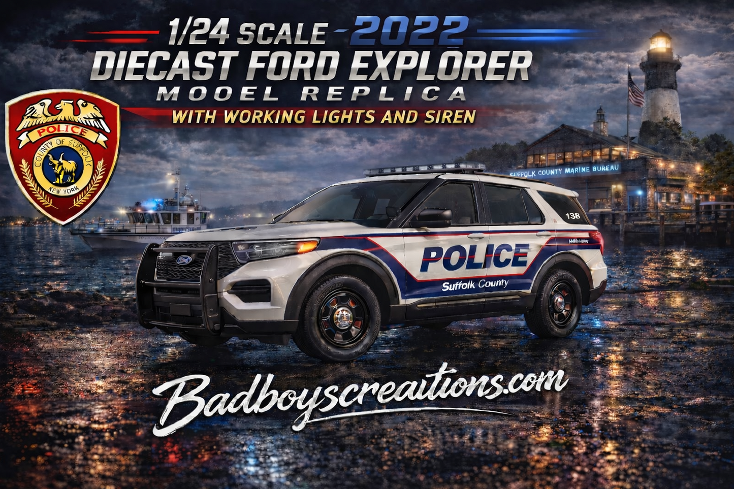 1/24 Scale 2022 Ford Explorer Suffolk County NY Police Diecast Model Car Replica w/ Working Lights & Siren – Custom Made