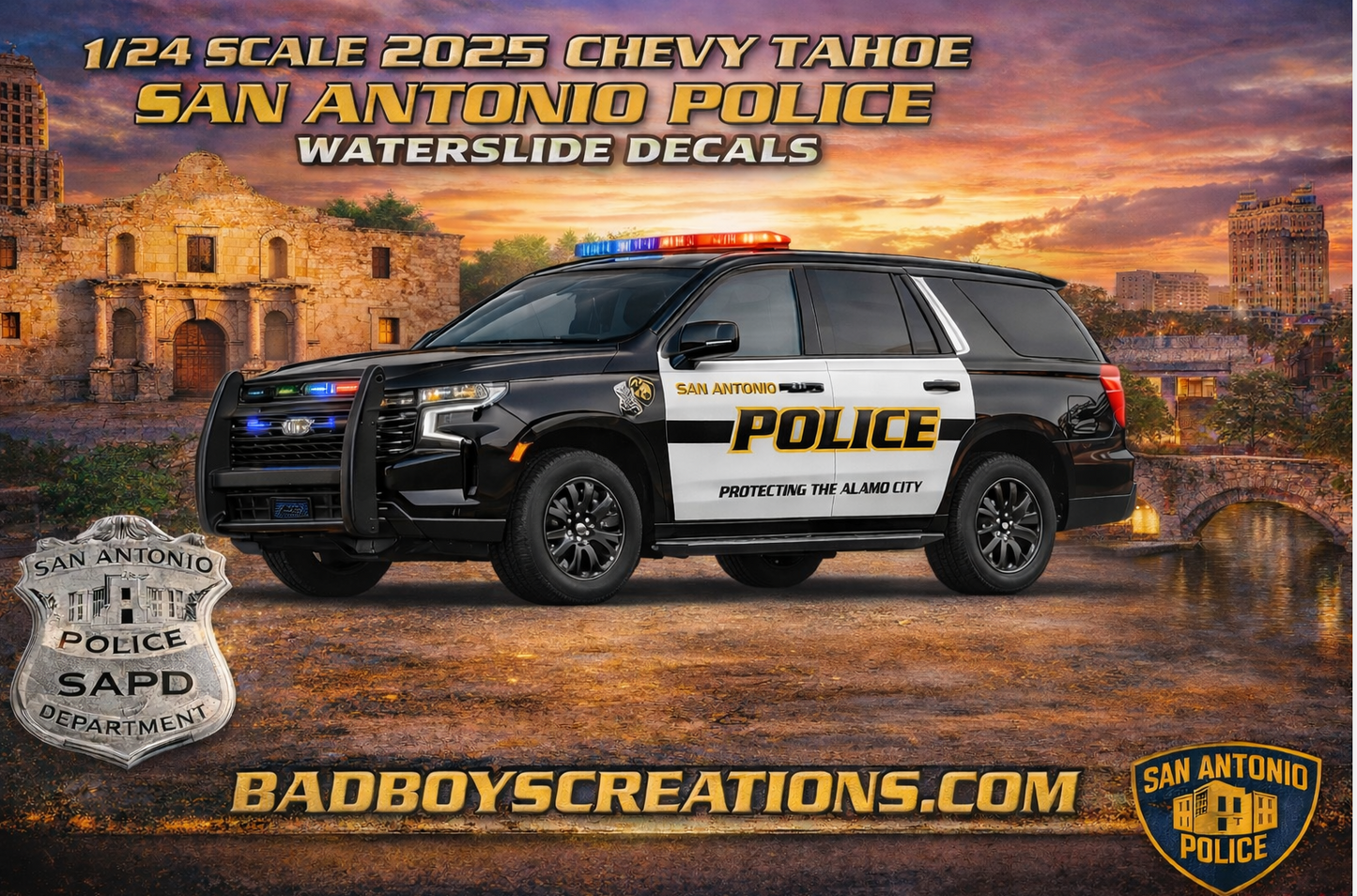1/24 Scale 2025 Chevy Tahoe San Antonio Police Waterslide Decals – Accurate SAPD Graphics – White Toner Laser Printed – 4 Sets Included