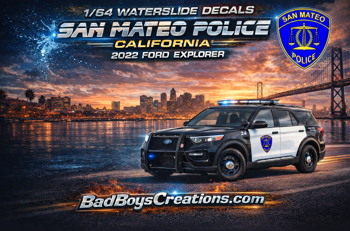 1/64 Scale San Mateo Police California Waterslide Decals – Fits 2022 Ford Explorer – White Toner Printed – 8 to 10 Sets Included