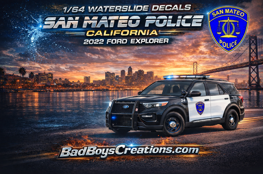1/64 Scale San Mateo Police California Waterslide Decals – Fits 2022 Ford Explorer – White Toner Printed – 8 to 10 Sets Included