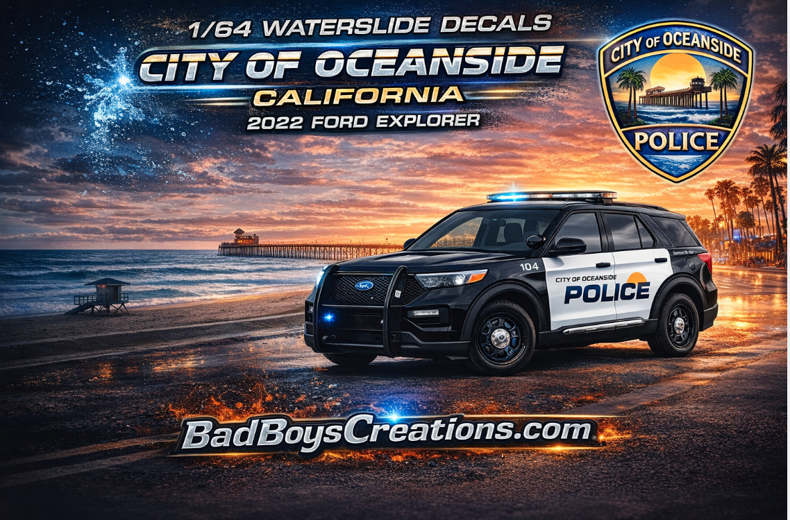 1/64 City of Ocean Police California Waterslide Decals – Fits 2022 Ford Explorer – White Toner Printed – 8 to 10 Sets Included