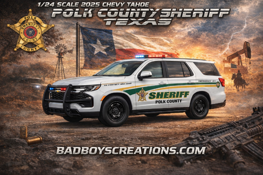 1/24 Scale 2025 Chevy Tahoe Polk County Texas Sheriff Diecast Model Car – Custom Replica – Non Working Lights – Highly Detailed