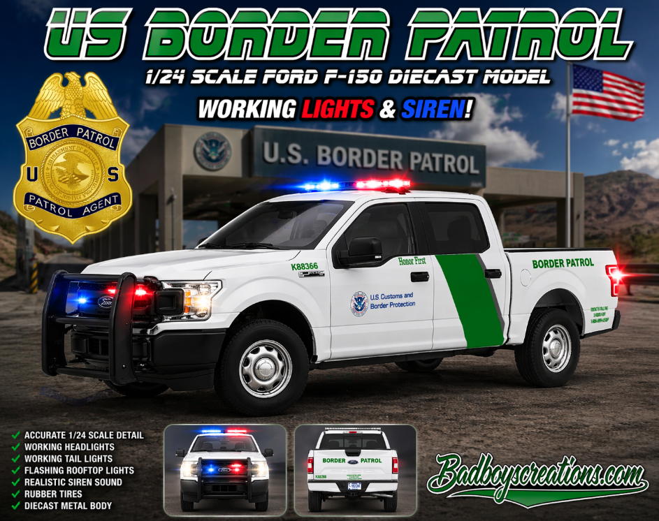 1/24 Scale Ford F150 US Border Patrol Diecast Model | Custom Made Police Truck | Working Lights & Siren | Highly Detailed Replica