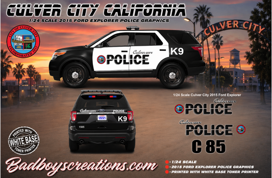 1/24 Scale Culver City California Police Waterslide Decals – 2015 Ford Explorer – White Toner Printed – Highly Detailed Graphics