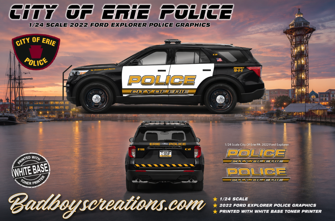 1/24 Scale City of Erie Pennsylvania Police Waterslide Decals – Ford Explorer – White Toner Printed – Highly Detailed Graphics
