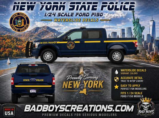 1/24 Scale New York State Police Ford F150 Waterslide Decals – Accurate NYSP Graphics – White Toner Printed – 4 Sets Included