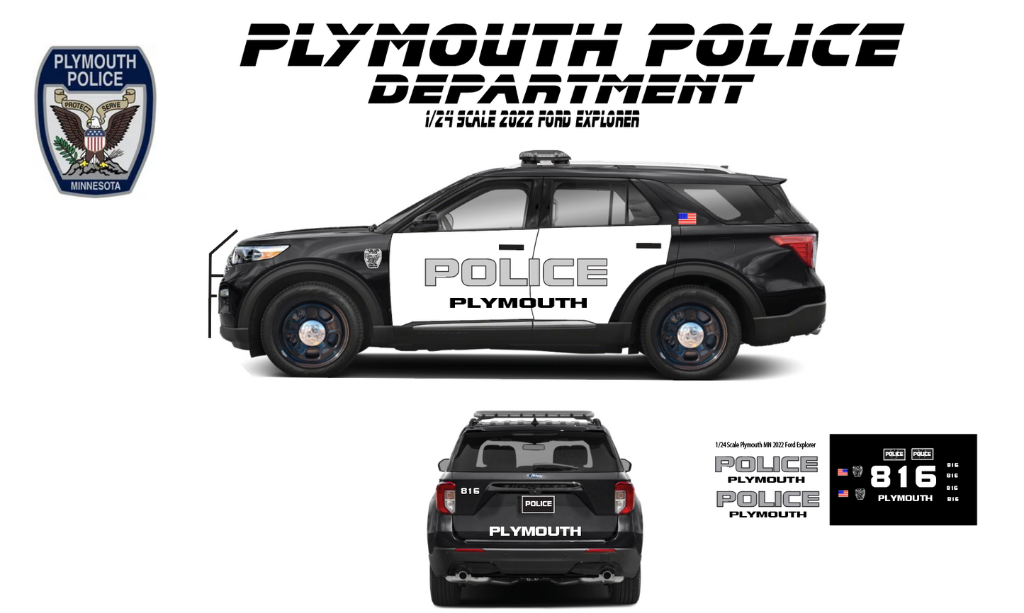 1/24 Plymouth Minnesota Police 2022 Ford Explorer Waterslide Decals – White Toner Printed – Highly Detailed Custom Graphics (Fits 1/24 Scale)