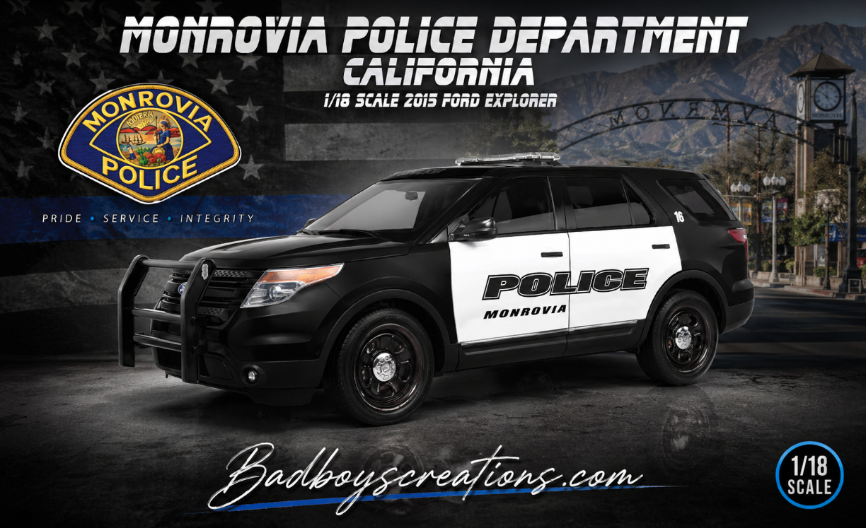 1/18 Scale 2015 Ford Explorer Monrovia CA Police Diecast Model – Custom Made with Working LED Lights & Siren