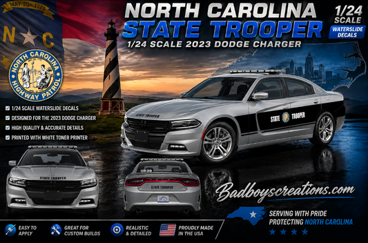 1/24 Scale 2023 Dodge Charger North Carolina State Police Waterslide Decals – White Toner Printed – Fits 1/24 Charger Models