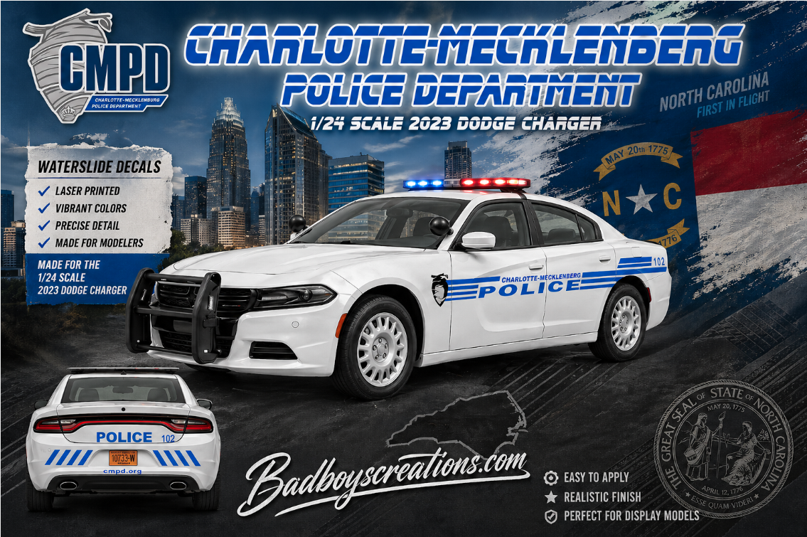 1/24 Charlotte Mecklenburg NC Police Decals – 2023 Dodge Charger Waterslide Decals – White Toner Printed – Custom Diecast Graphics Set