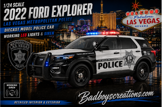 1/24 Scale 2022 Ford Explorer Las Vegas Metro Police Diecast Model Car – Custom Made with Working LED Lights & Siren