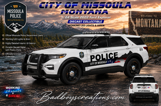 1/24 Scale 2022 Ford Explorer Missoula Montana Police Diecast Model Car – Custom Replica with Working LED Lights & Siren