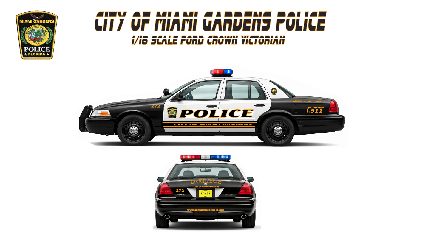 1/18 Scale Ford Crown Victoria Police Car – Miami Gardens Florida Police – Custom Diecast Model with Working LED Lights & Siren