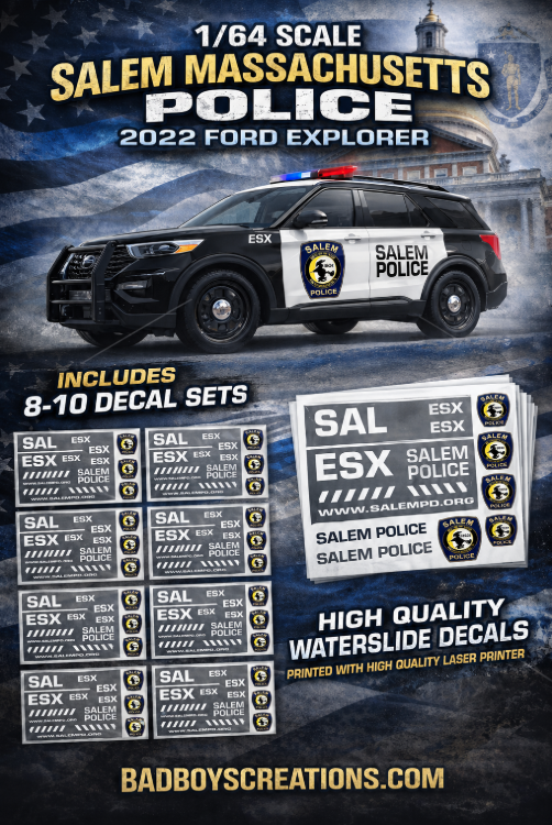 1/64 Scale Salem MA Police 2022 Ford Explorer Waterslide Decals – White Toner Printed – Fits Greenlight – 8 to 10 Sets Included