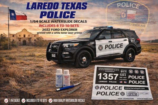 1/64 Scale 2022 Ford Explorer Laredo Texas Police Waterslide Decals – White Toner Laser Printed – Includes 8 to 10 Sets – Custom Diecast Graphics