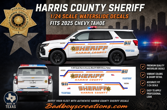 1/24 Scale Harris County Texas Sheriff Waterslide Decals for 2025 Chevy Tahoe – Custom Police Graphics – Fits 1:24 Diecast Model